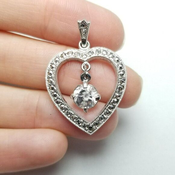 Vintage Sterling Silver Heart Pendant, Rhinestone Charm Center, Marcasite, Theda - Picture 6 of 7